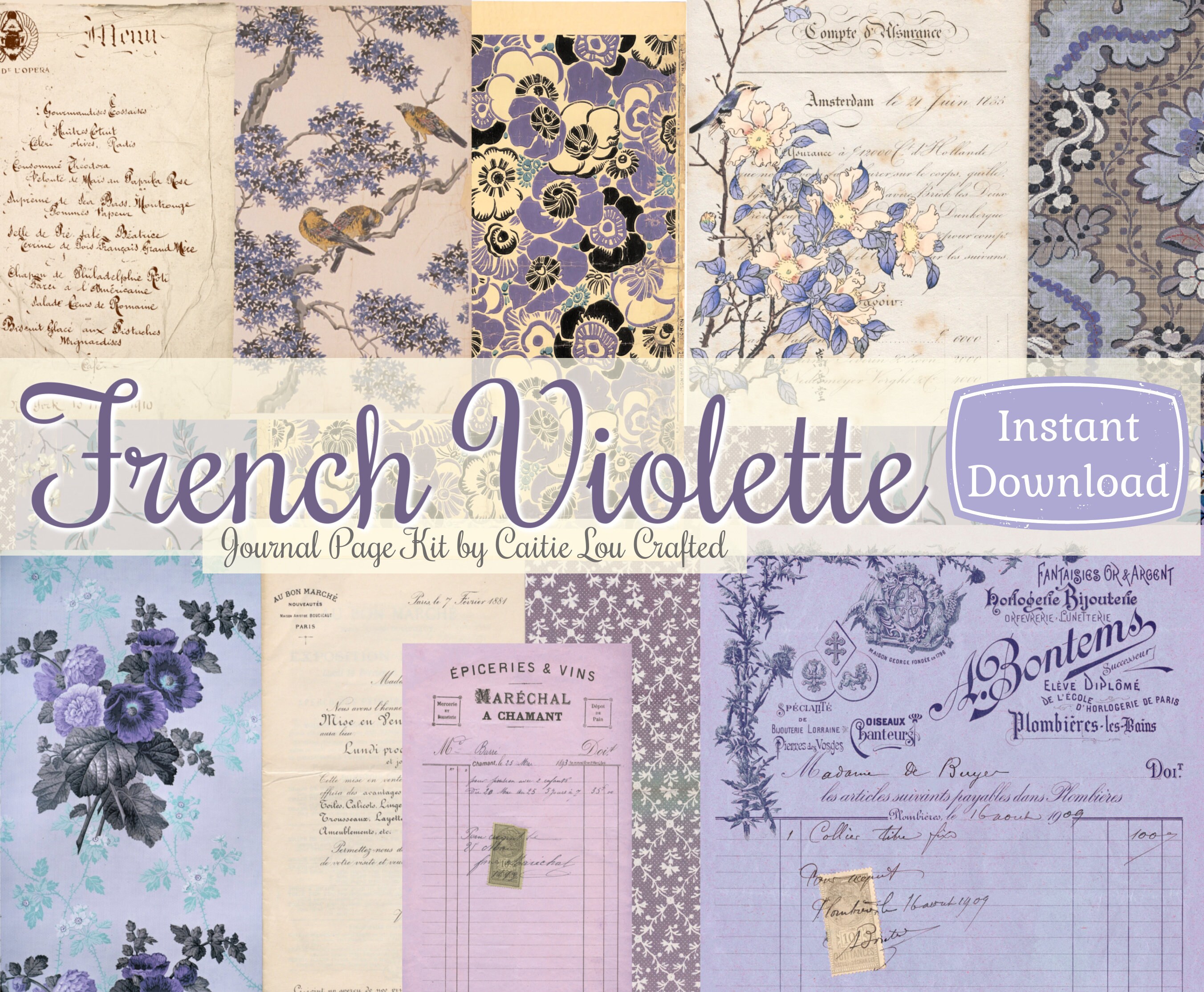French Violette 18 Page Printable Journal Kit With Tags, Parisian