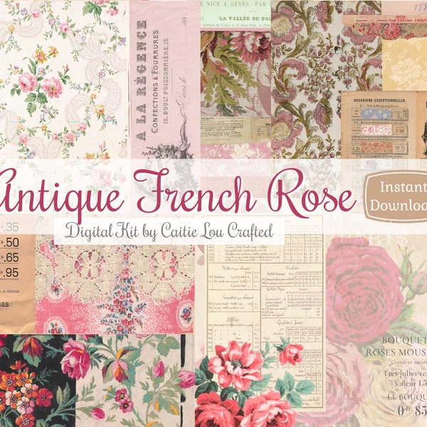 Antique French Rose Digital Nine Page Printable Junk Journal Kit Collection Vintage Florals Textiles