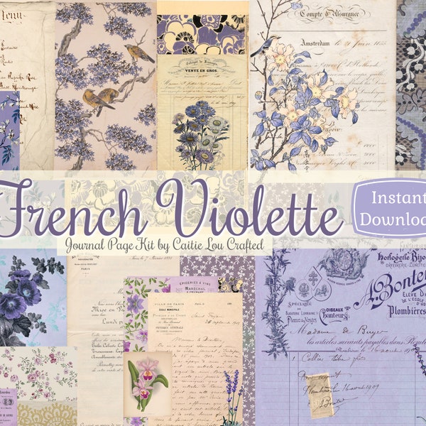 French Violette 18 Page Printable Journal Kit with Tags, Parisian Vintage Floral Digital Kit, Wallpaper for Junk Journaling, Purple Violet