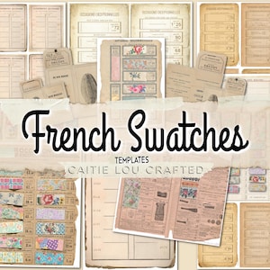May include: A collection of vintage-style French ephemera templates featuring aged paper textures, floral fabric swatches, and printed French text including "Occasions Exceptionnelles" and "Affaires Recommandées" with numerical price listings.