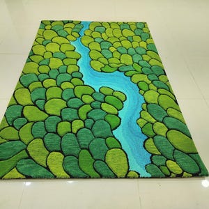 Tapis en laine touffeté main - motif abstrait nature rivière, tapis moderne bleu vert