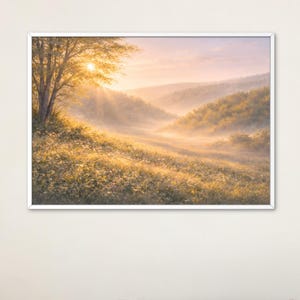 Golden Dew Meadow – Morning Mist Grassland Landscape Art Print, Serene Nature Wall Art, Soft Sunrise Field, Calm Minimal Landscape Poster