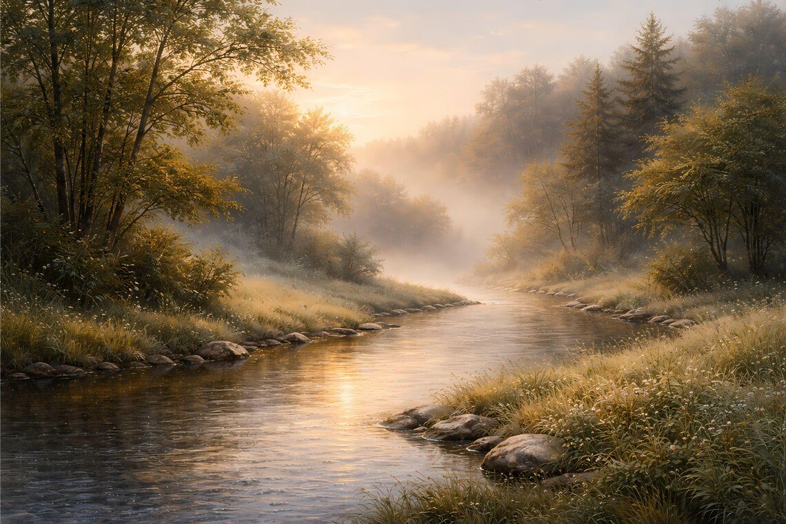 Golden Misty River – Serene Sunrise Landscape Art Print, Calm Nature ...