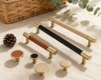 Maniglia per mobile in ottone e pelle, maniglia per porta armadio e cassetto minimale