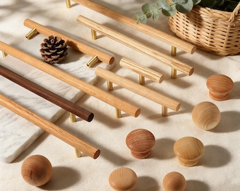 Maniglie per cassetti in legno naturale con dettagli in ottone, maniglie in stile nordico