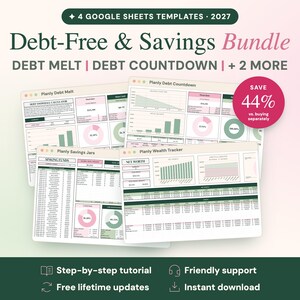 Puede incluir: Un paquete digital de cuatro plantillas de Google Sheets para 2027, titulado Debt-Free & Savings Bundle. El conjunto incluye Debt Melt, Debt Countdown, Savings Jars y Wealth Tracker, con gráficos, tablas y esquemas de color rosa y verde.