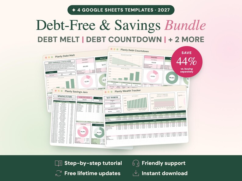 May include: A digital bundle of four Google Sheets templates for 2027, titled Debt-Free & Savings Bundle. The set includes Debt Melt, Debt Countdown, Savings Jars, and Wealth Tracker, featuring charts, tables, and pink and green colour schemes.