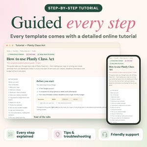 Może przedstawiać: Cyfrowy interfejs samouczka dla planera studenckiego Planly Class Act wyświetlany na ekranie laptopa i smartfona. Tekst brzmi Step-by-Step Tutorial, Guided every step oraz Every template comes with a detailed online tutorial.