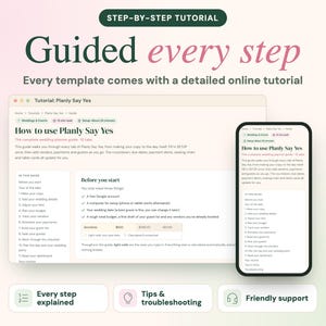 May include: A digital wedding planner template displayed on a laptop screen and a smartphone, featuring the text 'How to use Planly Say Yes' and 'Guided every step'. The interface includes a list of steps, budget tracking, and setup instructions.