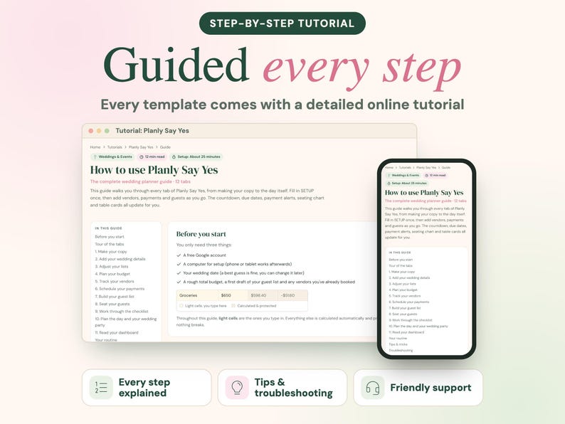 May include: A digital wedding planner template displayed on a laptop screen and a smartphone, featuring the text 'How to use Planly Say Yes' and 'Guided every step'. The interface includes a list of steps, budget tracking, and setup instructions.