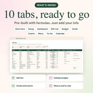Puede incluir: Una plantilla de hoja de c&aacute;lculo digital titulada Planly Merry List con 10 pesta&ntilde;as que incluyen Start Here, Setup, Dashboard, Gift List, Budget, Cards, Events, Menu, To-Do y Calendar. La interfaz muestra una tabla de lista de regalos con columnas para destinatario, grupo, idea de regalo, tienda, presupuesto, estado y notas.