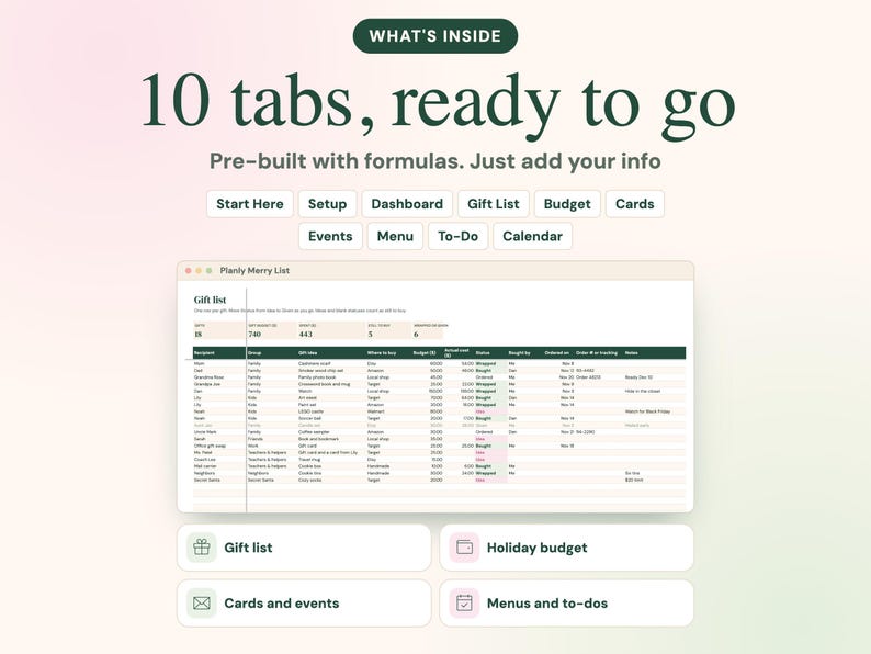 Puede incluir: Una plantilla de hoja de c&aacute;lculo digital titulada Planly Merry List con 10 pesta&ntilde;as que incluyen Start Here, Setup, Dashboard, Gift List, Budget, Cards, Events, Menu, To-Do y Calendar. La interfaz muestra una tabla de lista de regalos con columnas para destinatario, grupo, idea de regalo, tienda, presupuesto, estado y notas.