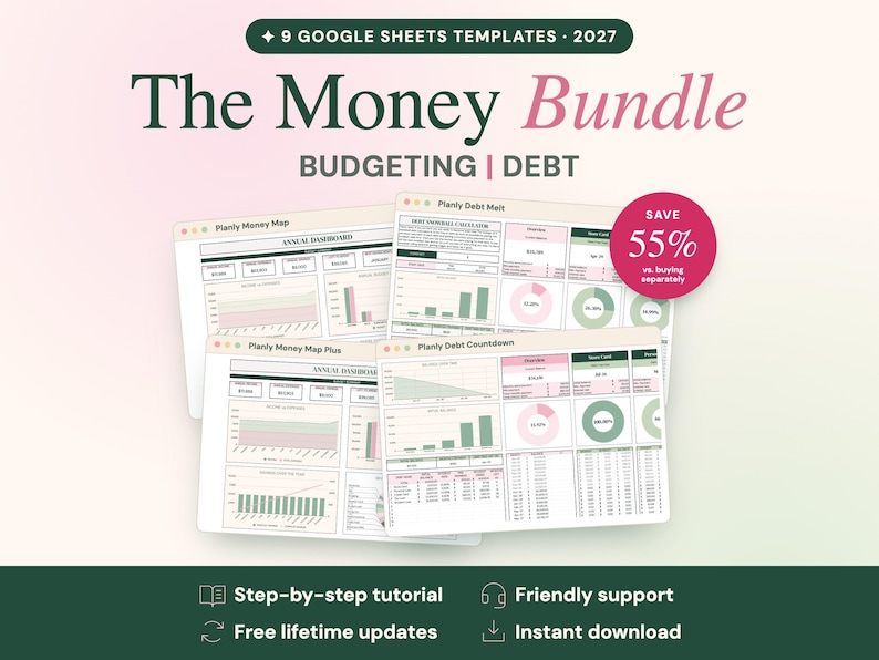 K&ouml;nnte beinhalten: Ein digitales Paket mit 9 Google Sheets-Vorlagen f&uuml;r 2027 mit dem Titel The Money Bundle Budgeting Debt. Die Anzeige zeigt vier Dashboard-Oberfl&auml;chen mit Diagrammen, Grafiken und Finanzdatentabellen in Gr&uuml;n- und Rosat&ouml;nen sowie ein 55%-Sparabzeichen.