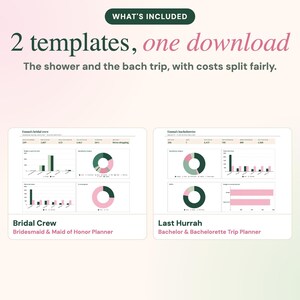 Puede incluir: Dos plantillas de planificaci&oacute;n digital para una despedida de soltera y un viaje. El texto dice: WHAT'S INCLUDED, 2 templates, one download, The shower and the bach trip, with costs split fairly, Bridal Crew y Last Hurrah.