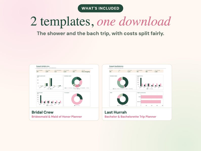 Puede incluir: Dos plantillas de planificaci&oacute;n digital para una despedida de soltera y un viaje. El texto dice: WHAT'S INCLUDED, 2 templates, one download, The shower and the bach trip, with costs split fairly, Bridal Crew y Last Hurrah.