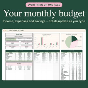 Puede incluir: Una plantilla de hoja de c&aacute;lculo de presupuesto mensual digital sobre un fondo verde oscuro. La interfaz incluye el texto "Everything on one page" y "Your monthly budget", con tablas para ingresos, gastos, ahorros y un gr&aacute;fico circular.