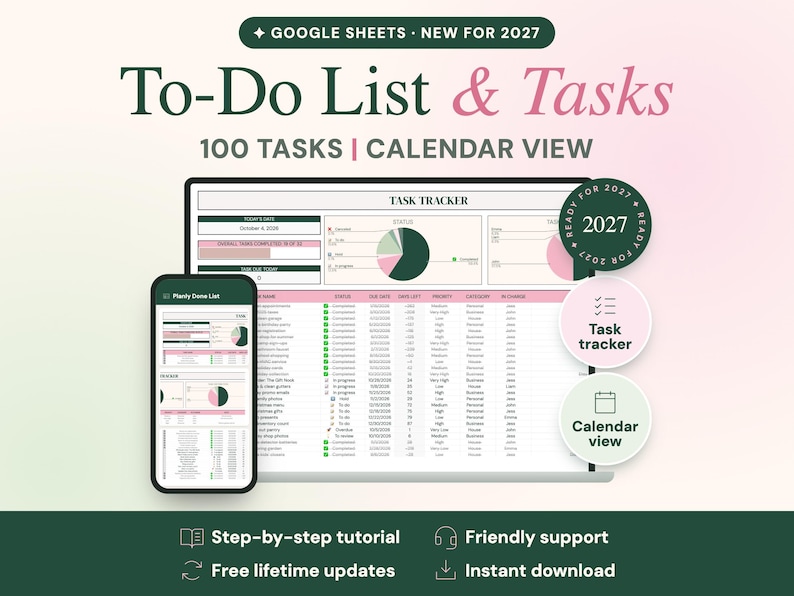 May include: A digital task management tool for Google Sheets labeled To-Do List & Tasks, 100 Tasks | Calendar View. The display shows a task tracker interface on a laptop and smartphone screen with pie charts, status columns, and 2027 planning badges.