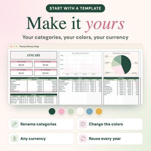 Pu&ograve; includere: Un modello di pianificazione finanziaria digitale intitolato Planly Money Map che presenta una dashboard con un riepilogo del budget di gennaio, tabelle delle entrate, un grafico a linee del bilancio e un grafico a torta personalizzabile.