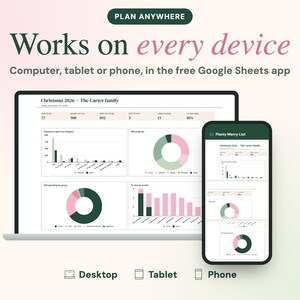 Puede incluir: Una interfaz de planificador digital mostrada en la pantalla de una computadora port&aacute;til y un tel&eacute;fono inteligente. El texto dice: PLAN ANYWHERE, Works on every device, Computer, tablet or phone, in the free Google Sheets app, Christmas 2026, The Carter family, Planly Merry List.