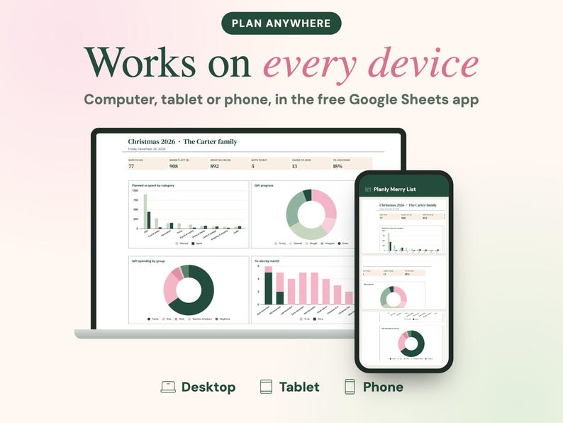 Puede incluir: Una interfaz de planificador digital mostrada en la pantalla de una computadora port&aacute;til y un tel&eacute;fono inteligente. El texto dice: PLAN ANYWHERE, Works on every device, Computer, tablet or phone, in the free Google Sheets app, Christmas 2026, The Carter family, Planly Merry List.