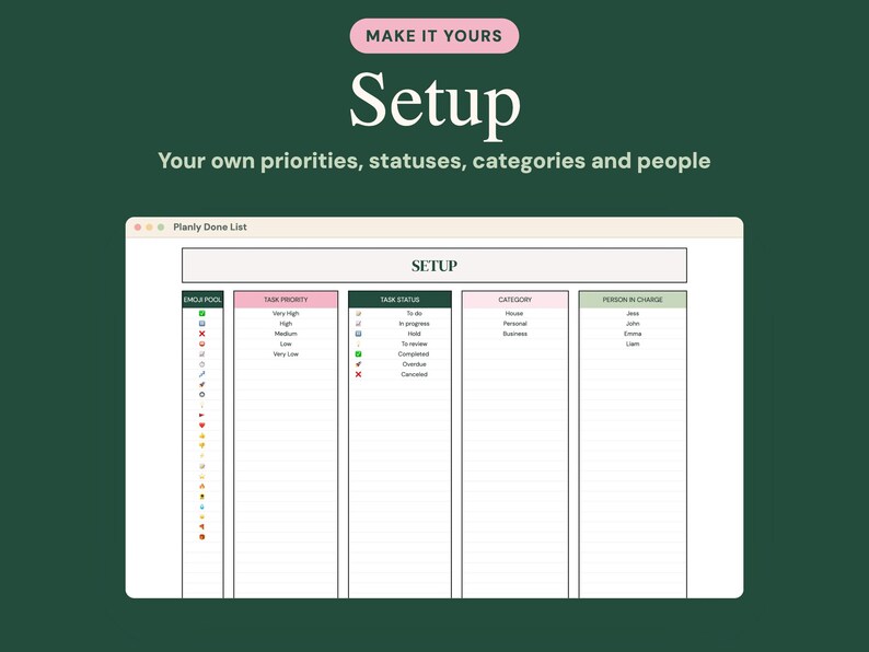 May include: A digital task management interface titled Planly Done List with a setup section. The layout features columns for emoji pool, task priority, task status, category, and person in charge, displayed on a dark green background.