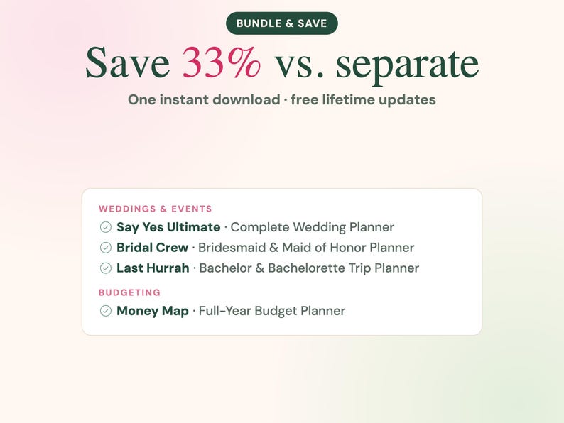 May include: A digital bundle graphic featuring the text BUNDLE & SAVE, Save 33% vs. separate, and One instant download &middot; free lifetime updates. It lists Weddings & Events planners: Say Yes Ultimate, Bridal Crew, and Last Hurrah, plus Budgeting: Money Map.