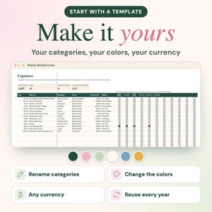 May include: A digital spreadsheet template titled Planly Bridal Crew for tracking expenses, featuring columns for date, category, event, and amount. Below the spreadsheet are six colored circles and four buttons labeled Rename categories, Change the colors, Any currency, and Reuse every year.