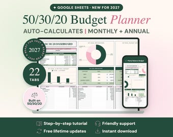 2027 50/30/20 Budget Planner, Google Sheets, Monthly & Annual Dashboard (Digital Download)