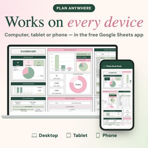 Peut inclure: Une interface de tableau de bord num&eacute;rique affich&eacute;e sur un &eacute;cran d'ordinateur portable et un smartphone. Le texte indique PLAN ANYWHERE, Works on every device, Computer, tablet or phone &mdash; in the free Google Sheets app. Graphiques roses et verts.