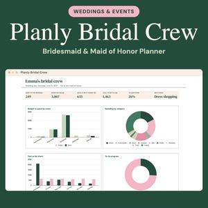 May include: A digital planner interface titled Planly Bridal Crew, Bridesmaid & Maid of Honor Planner. The screen displays Emma's bridal crew dashboard with budget metrics, bar charts, and donut charts tracking spending and to-do progress.