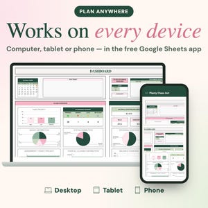 Może przedstawiać: Cyfrowy interfejs pulpitu nawigacyjnego wyświetlany na ekranie laptopa i smartfona. Układ zawiera wykresy, kalendarze i tabele w odcieniach zieleni, r&oacute;żu i bieli. Tekst zawiera PLAN ANYWHERE, Works on every device, DASHBOARD.