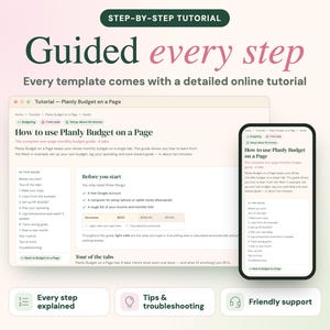 Puede incluir: Una plantilla de presupuesto digital mostrada en la pantalla de un port&aacute;til y un tel&eacute;fono inteligente. La interfaz presenta el texto How to use Planly Budget on a Page, con secciones para configuraci&oacute;n, pesta&ntilde;as y soluci&oacute;n de problemas.