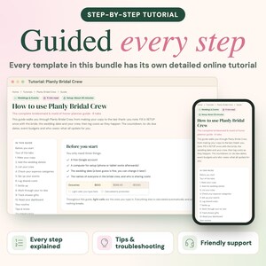 Puede incluir: Una gu&iacute;a tutorial digital titulada Step-by-Step Tutorial Guided every step, que muestra una pantalla de ordenador y smartphone con el planificador Planly Bridal Crew. La interfaz incluye texto, listas de verificaci&oacute;n e iconos de ayuda.