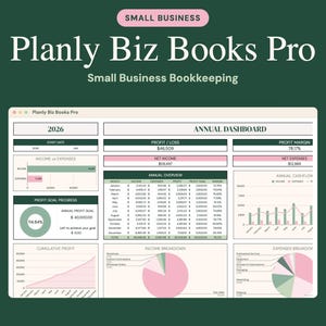 K&ouml;nnte beinhalten: Ein digitales Buchhaltungs-Dashboard mit dem Titel Planly Biz Books Pro f&uuml;r 2026. Die Benutzeroberfl&auml;che zeigt ein Jahres-Dashboard mit Diagrammen, Tabellen und Grafiken, die Einnahmen, Ausgaben, Gewinn und Verlust in Gr&uuml;n-, Rosa- und Wei&szlig;t&ouml;nen darstellen.