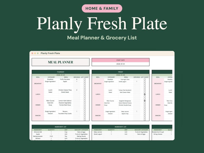 Może przedstawiać: Cyfrowy szablon planera posiłk&oacute;w i listy zakup&oacute;w o nazwie Planly Fresh Plate. Interfejs zawiera kolumny dla kategorii posiłk&oacute;w, pozycji menu, wielkości porcji i p&oacute;l wyboru, uporządkowane według dni z polem daty rozpoczęcia.