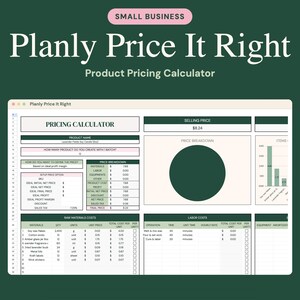 K&ouml;nnte beinhalten: Eine digitale Produktpreiskalkulations-Tabelle mit dem Titel Planly Price It Right. Die Benutzeroberfl&auml;che enth&auml;lt Abschnitte f&uuml;r Preiskalkulationen, Rohstoffkosten, Arbeitskosten und ein Preisaufschl&uuml;sselungsdiagramm auf dunkelgr&uuml;nem Grund.