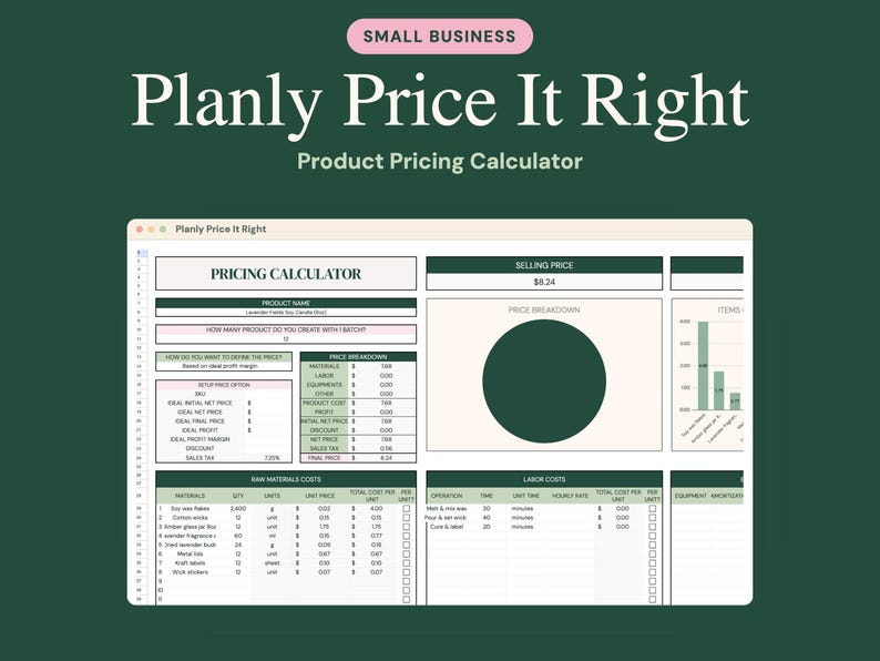 K&ouml;nnte beinhalten: Eine digitale Produktpreiskalkulations-Tabelle mit dem Titel Planly Price It Right. Die Benutzeroberfl&auml;che enth&auml;lt Abschnitte f&uuml;r Preiskalkulationen, Rohstoffkosten, Arbeitskosten und ein Preisaufschl&uuml;sselungsdiagramm auf dunkelgr&uuml;nem Grund.