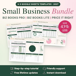 May include: A digital bundle of three Google Sheets templates for small businesses, titled Small Business Bundle 2027, including Biz Books Pro, Biz Books Lite, and Price It Right. The interface displays financial dashboards, charts, and tables.