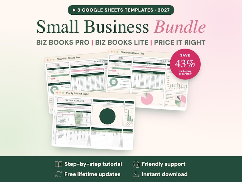 K&ouml;nnte beinhalten: Ein digitales Paket aus drei Google Sheets-Vorlagen f&uuml;r kleine Unternehmen mit dem Titel Small Business Bundle 2027, bestehend aus Biz Books Pro, Biz Books Lite und Price It Right. Die Benutzeroberfl&auml;che zeigt Finanz-Dashboards und Diagramme.