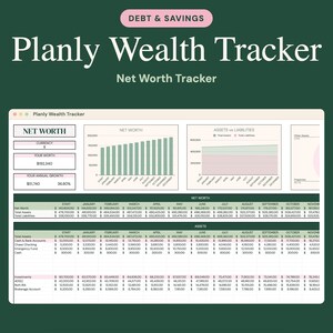 May include: A digital Planly Wealth Tracker spreadsheet interface on a dark green background. The dashboard displays a Net Worth chart, Assets vs Liabilities graph, and detailed financial tables with rows for assets and liabilities.