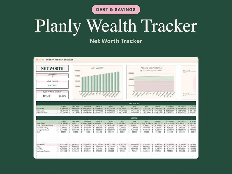 May include: A digital Planly Wealth Tracker spreadsheet interface on a dark green background. The dashboard displays a Net Worth chart, Assets vs Liabilities graph, and detailed financial tables with rows for assets and liabilities.