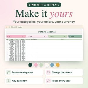 May include: A digital payment schedule spreadsheet titled Planly Bill Buddy with columns for paid status, name, date, amount, and notes. Below the spreadsheet are six coloured circles and four buttons labelled Rename categories, Change the colours, Any currency, and Reuse every year.