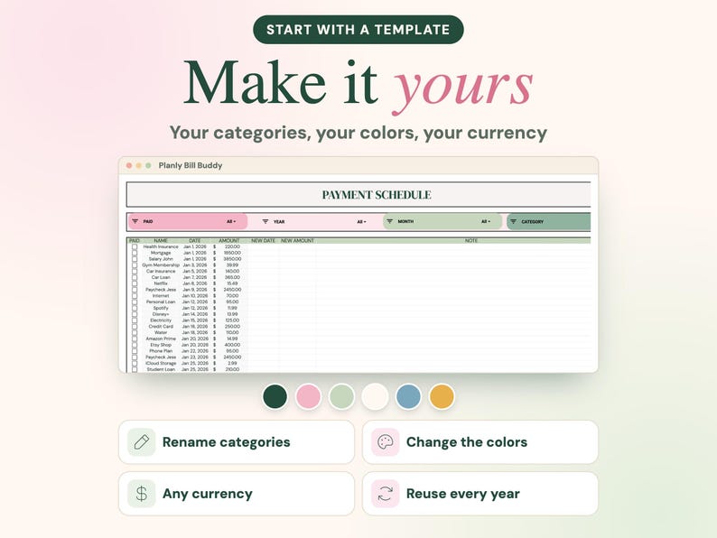 May include: A digital payment schedule spreadsheet titled Planly Bill Buddy with columns for paid status, name, date, amount, and notes. Below the spreadsheet are six coloured circles and four buttons labelled Rename categories, Change the colours, Any currency, and Reuse every year.