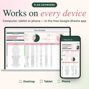 May include: A digital task tracker spreadsheet displayed on a laptop screen and a smartphone. The interface features pie charts, status columns, and task lists with text including PLAN ANYWHERE, Works on every device, and TASK TRACKER.