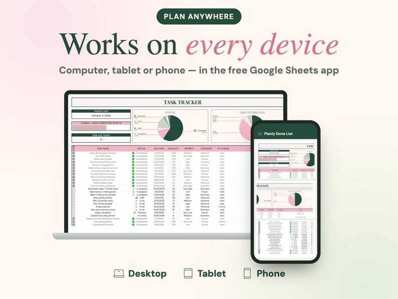 May include: A digital task tracker spreadsheet displayed on a laptop screen and a smartphone. The interface features pie charts, status columns, and task lists with text including PLAN ANYWHERE, Works on every device, and TASK TRACKER.