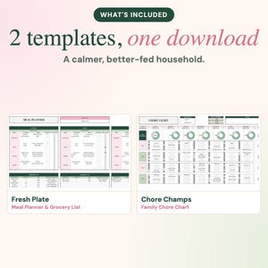 Pu&ograve; includere: Due modelli digitali intitolati Fresh Plate Meal Planner & Grocery List e Chore Champs Family Chore Chart. Il testo recita: WHAT'S INCLUDED 2 templates, one download A calmer, better-fed household. Il layout presenta tabelle e grafici.