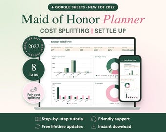 2027 Maid of Honor Planner, Bridal Shower Budget, Cost Splitting (Google Sheets)