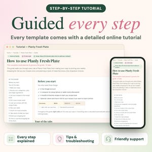 May include: A digital interface displaying a tutorial for the Planly Fresh Plate meal planner on a laptop screen and a smartphone screen, featuring text headers like Guided every step and How to use Planly Fresh Plate.