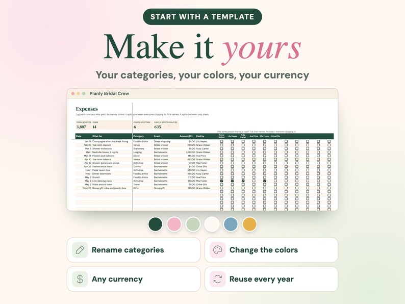 Puede incluir: Una plantilla de hoja de c&aacute;lculo digital titulada Planly Bridal Crew para el seguimiento de gastos de boda. La interfaz muestra columnas para fecha, categor&iacute;a, evento, importe y pagador, con c&iacute;rculos de color y cuatro botones de funci&oacute;n.