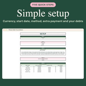 May include: A digital interface titled Planly Debt Countdown on a dark green background. The text reads Five Quick Steps, Simple setup, and Currency, start date, method, extra payment and your debts. It displays a five-step setup guide.